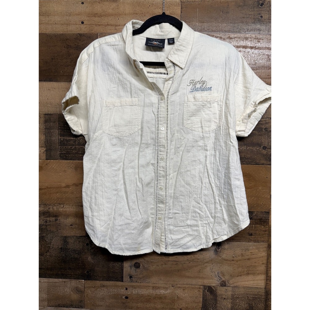 Harley Davidson Womens Large Petite Cream Button‎ Up Shirt Graphic Back Logo